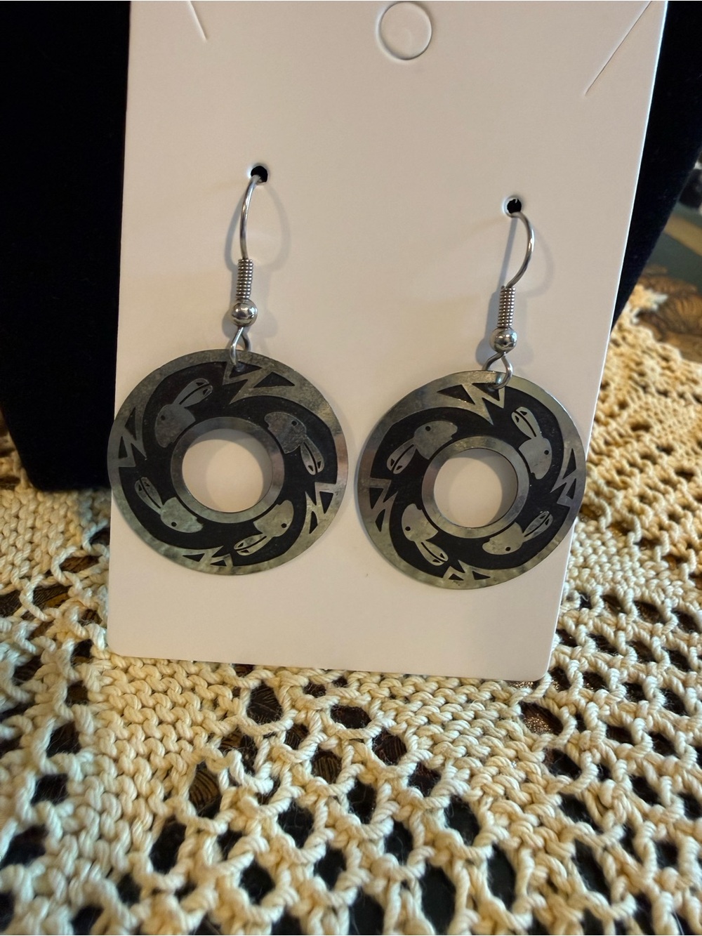 Black and Silver Circular Fish Motif Drop Earrings - Women Jewelry